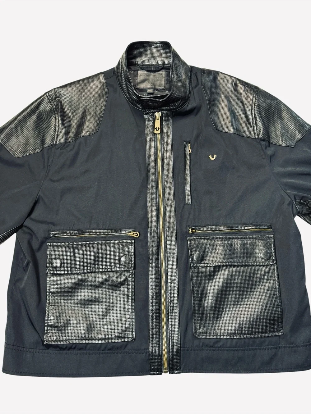True Religion Black Bomber Mix Media Cotton Leather Jacket Size 3XL